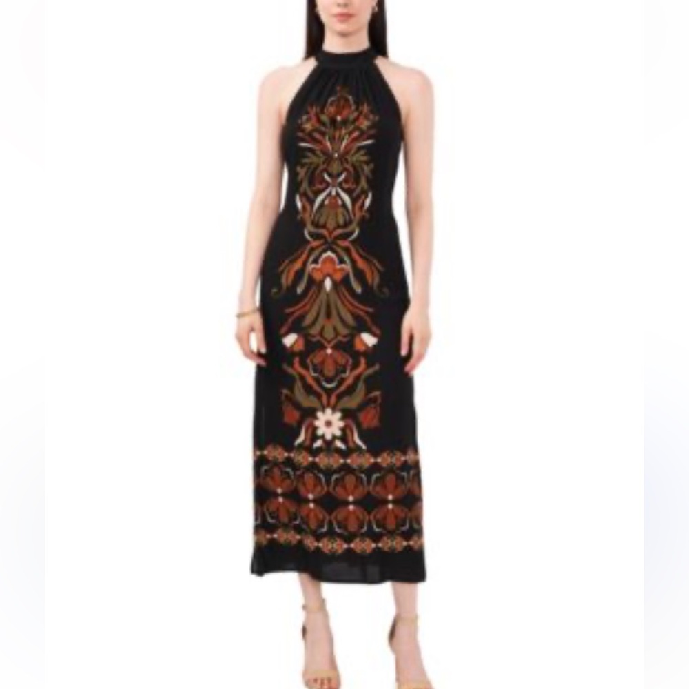 Vince Camuto Black Halter Earthtones Floral Maxi Dress NEW